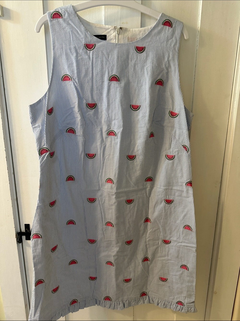 Talbots Striped Seersucker Sleeveless Dress with Watermelon Embroidery